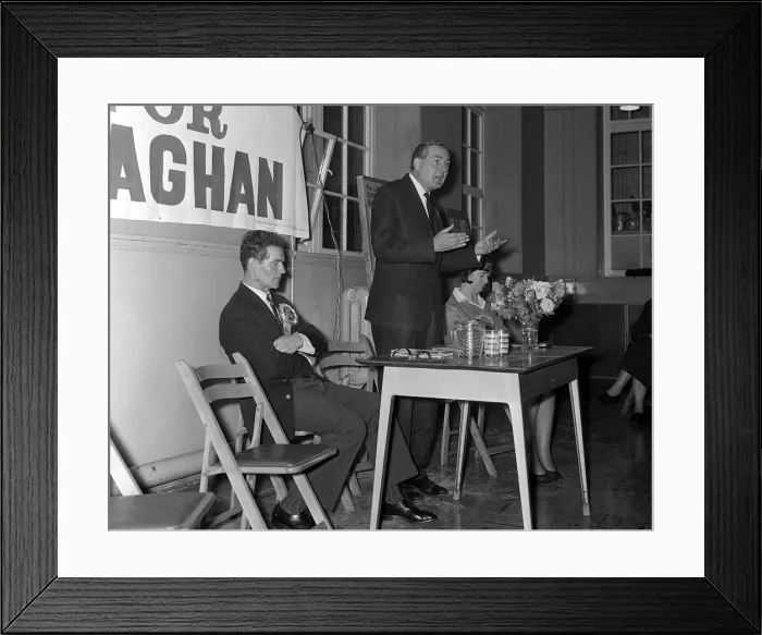Framed Print : Jim Callaghan MP on the Campaign trail for ther 1964 General Election talks at a meeting Framed Print : Jim Callaghan MP on the Campaign trail for ther 1964 General Election talks at a meeting