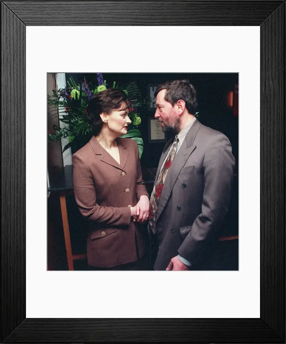 Framed Print : Cherie Blair holds David Blunketts hand and talks to him at the unvieling of Framed Print : Cherie Blair holds David Blunketts hand and talks to him at the unvieling of