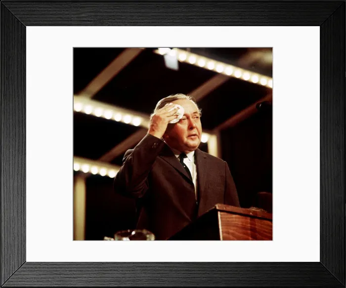 Framed Print : Harold Wilson seen here wiping his brow whilst delivering his speech to conference Framed Print : Harold Wilson seen here wiping his brow whilst delivering his speech to conference