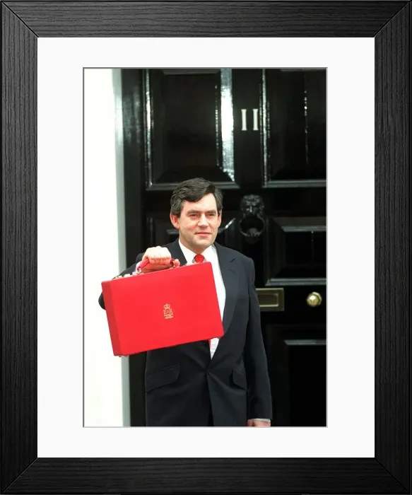 Framed Print : Gordon Brown on Budget day March 1998 poses as he leaves his official residence Framed Print : Gordon Brown on Budget day March 1998 poses as he leaves his official residence