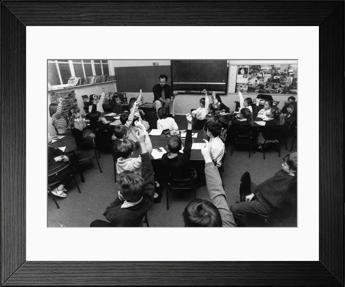 Framed Print : School Children with their hands up in class. Seen here during a history lesson. 1990 Framed Print : School Children with their hands up in class. Seen here during a history lesson. 1990