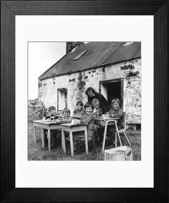 Framed Print : Open air lessons at Scoraig with teacher Celia Ertz outside the tiny schoolhouse. 1967 Framed Print : Open air lessons at Scoraig with teacher Celia Ertz outside the tiny schoolhouse. 1967