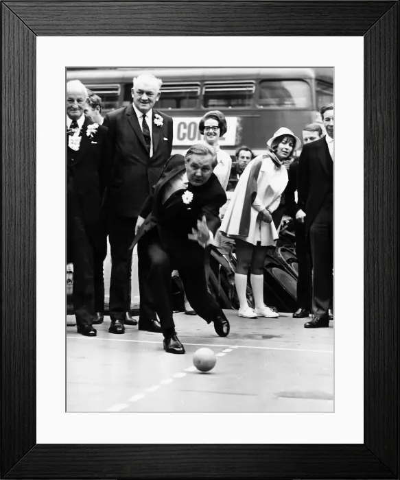 Framed Print : James Callaghan Labour MP bowling in the street during the London Dairy Festival Framed Print : James Callaghan Labour MP bowling in the street during the London Dairy Festival