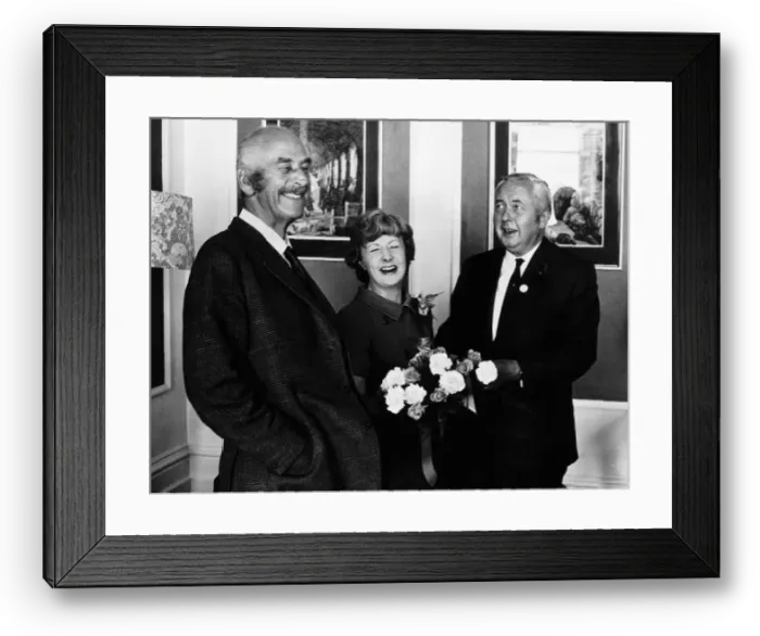 Framed Print : Barbara Castle receives cake and flowers on her birthday from Harold Wilson (R) 1971 Framed Print : Barbara Castle receives cake and flowers on her birthday from Harold Wilson (R) 1971