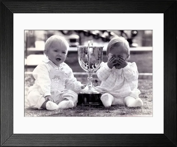 Framed Print : Thomas Martin and Jessica Amy crying after winning the Bonny Baby Photo competition, 1989