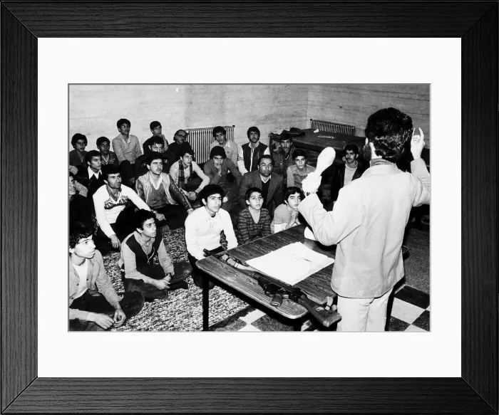 Framed Print : Iran boys and men being in instructed by military teacher. 1979 Framed Print : Iran boys and men being in instructed by military teacher. 1979