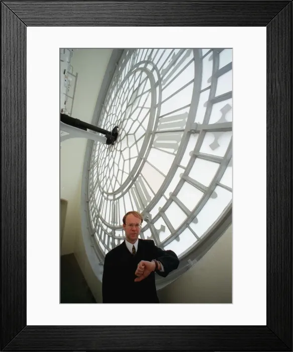 Framed Print : Mike McCann Keeper of the Great Clock December 1999, standing behind the face of Framed Print : Mike McCann Keeper of the Great Clock December 1999, standing behind the face of
