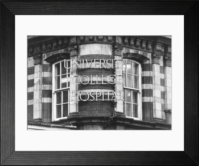 Framed Print : University College Hospital London November 1992 - sign above the main enterance Framed Print : University College Hospital London November 1992 - sign above the main enterance