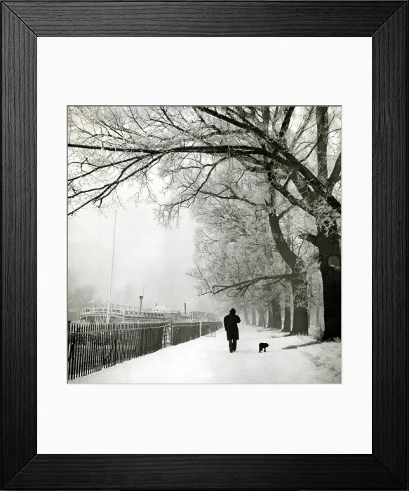 Framed Print : Man walking his dog in the snow Framed Print : Man walking his dog in the snow