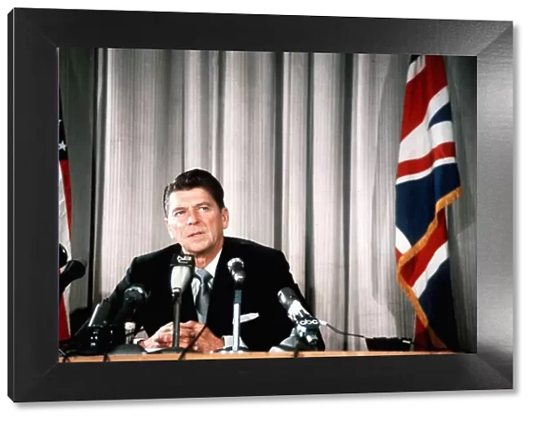US President Ronald Reagan, pictured at press conference Circa 1985