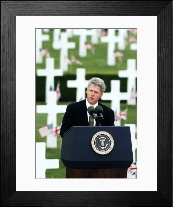 Framed Print : Bill Clinton president of the United States making a speech in a US military graveyard Framed Print : Bill Clinton president of the United States making a speech in a US military graveyard