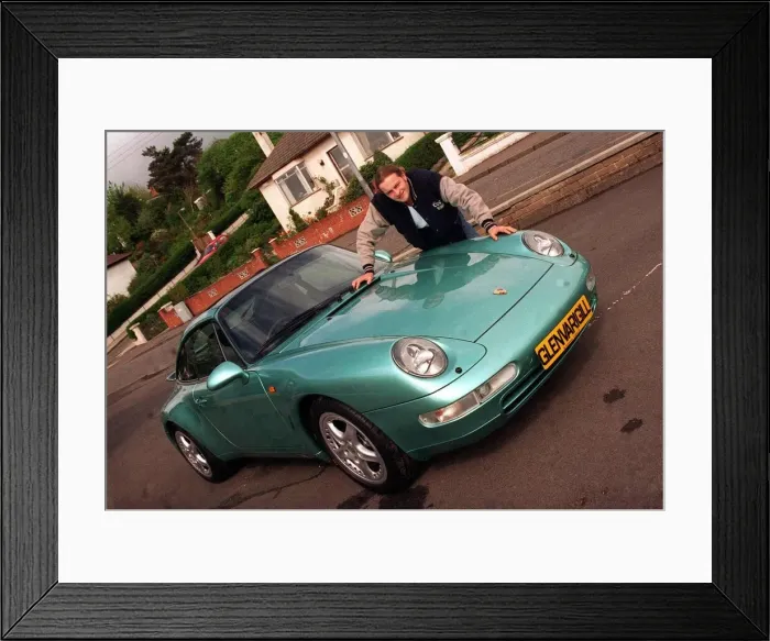 Framed Print : Actor Simon Weir leaning on the bonnet of the Porsche 911 Targa May 1997
