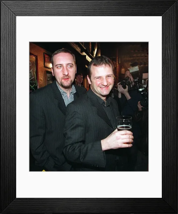 Framed Print : Mark Radcliffe Radio 1 DJ on right who is to replace Chris Evans on the Breakfast Show