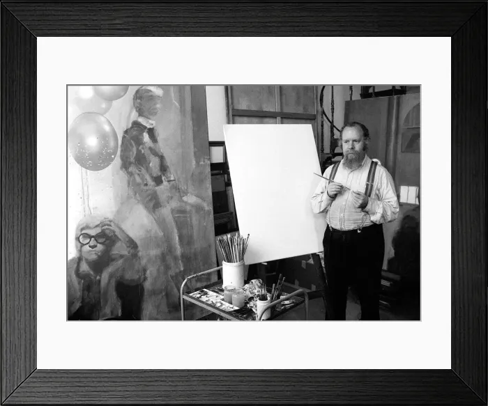 Framed Print : Peter Blake July 1977 Artist in his studio with works including Tantania Framed Print : Peter Blake July 1977 Artist in his studio with works including Tantania