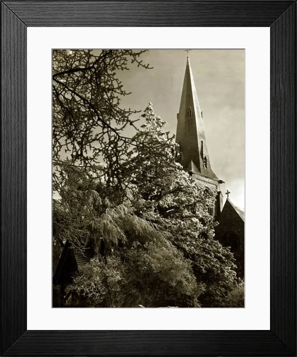 Framed Print : High Beech Church and surrounding trees covered in snow January 1960