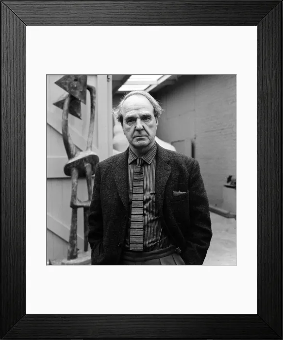 Framed Print : Henry Moore Artist and Sculpture - May 1963 outside his studio with his work Framed Print : Henry Moore Artist and Sculpture - May 1963 outside his studio with his work
