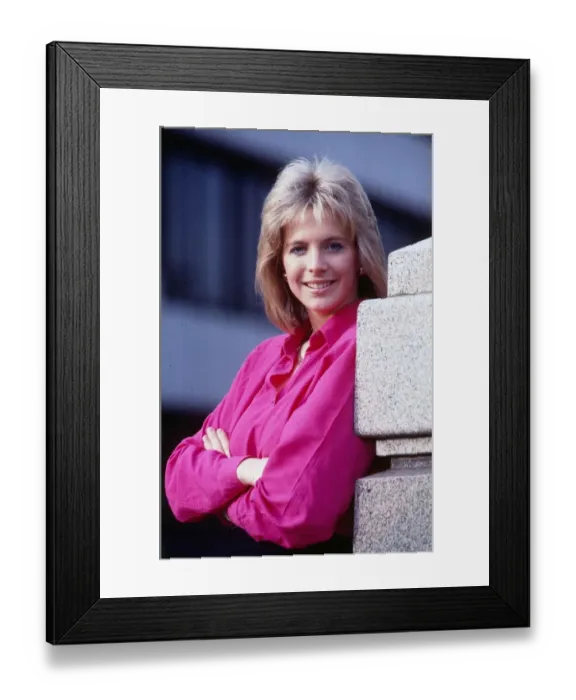 Framed Print : Hazel Irvine TV presenter November 1988 wearing pink blouse shirt arms folded arms