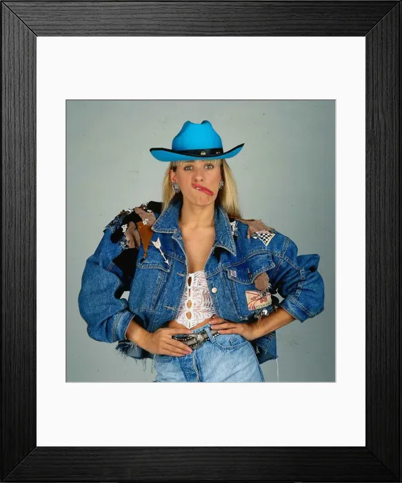 Framed Print : Carol Smillie model TV presenter wearing blue cowboy hat denim jacket and white lace top Framed Print : Carol Smillie model TV presenter wearing blue cowboy hat denim jacket and white lace top