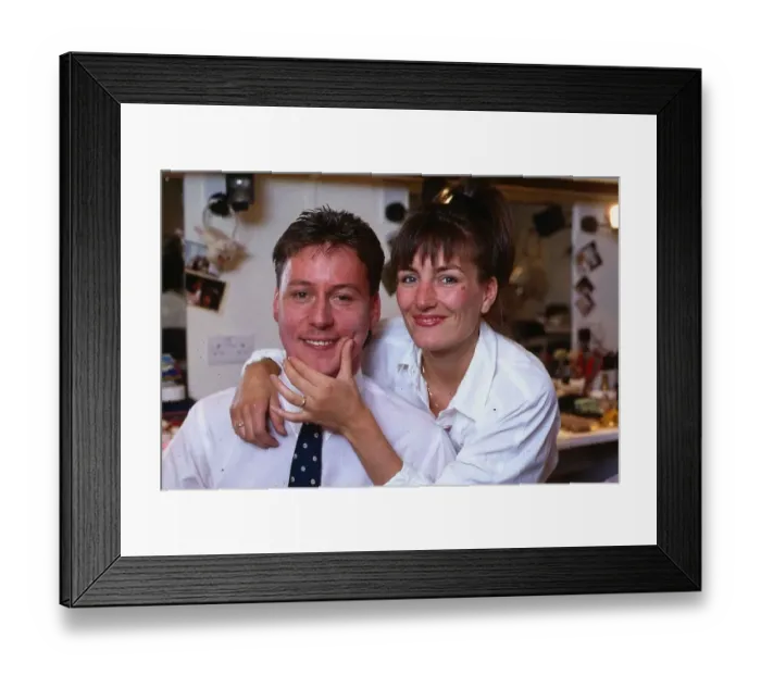 Framed Print : Jim White TV with wife Fiona after he shaved off his moustache August 1988