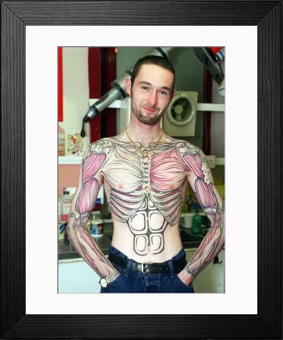 Framed Print : Alan Graham and his skeleton body tattoo. March 1997 Framed Print : Alan Graham and his skeleton body tattoo. March 1997
