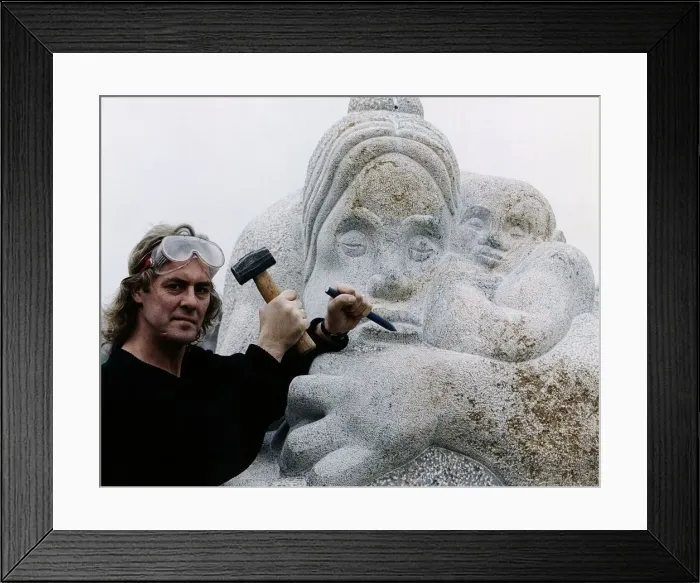 Framed Print : Hugh Collins sculptor with sculpture of mother and child. February 1997 Framed Print : Hugh Collins sculptor with sculpture of mother and child. February 1997