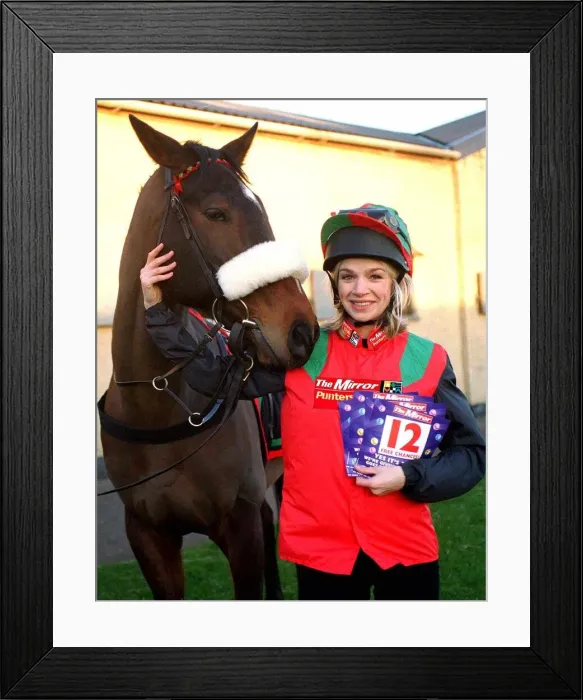Framed Print : Tv Presenter Zoe Ball dressed in Mirror racing colours with Avro Anson - the horse Framed Print : Tv Presenter Zoe Ball dressed in Mirror racing colours with Avro Anson - the horse