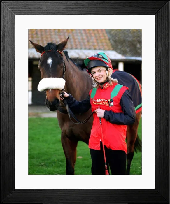 Framed Print : Tv Presenter Zoe Ball dressed in Mirror racing colours with Avro Anson - the horse Framed Print : Tv Presenter Zoe Ball dressed in Mirror racing colours with Avro Anson - the horse