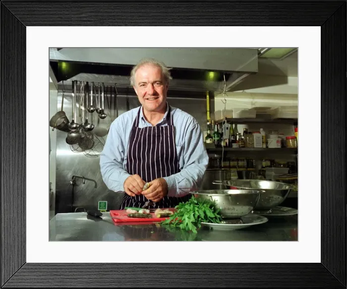 Framed Print : Rick Stein Chef TV Presenter June 1999 working in his kitchen Framed Print : Rick Stein Chef TV Presenter June 1999 working in his kitchen