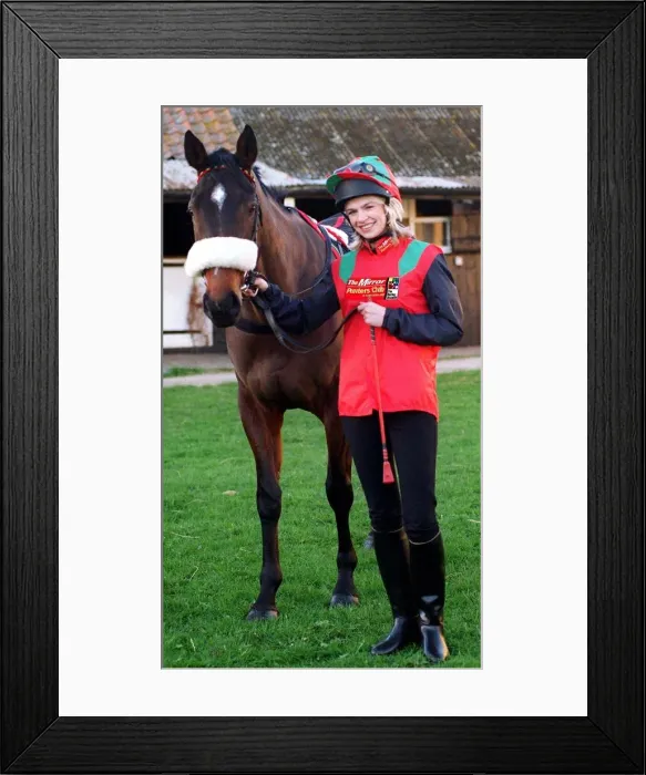 Framed Print : Tv Presenter Zoe Ball dressed in Mirror racing colours with Avro Anson - the horse Framed Print : Tv Presenter Zoe Ball dressed in Mirror racing colours with Avro Anson - the horse