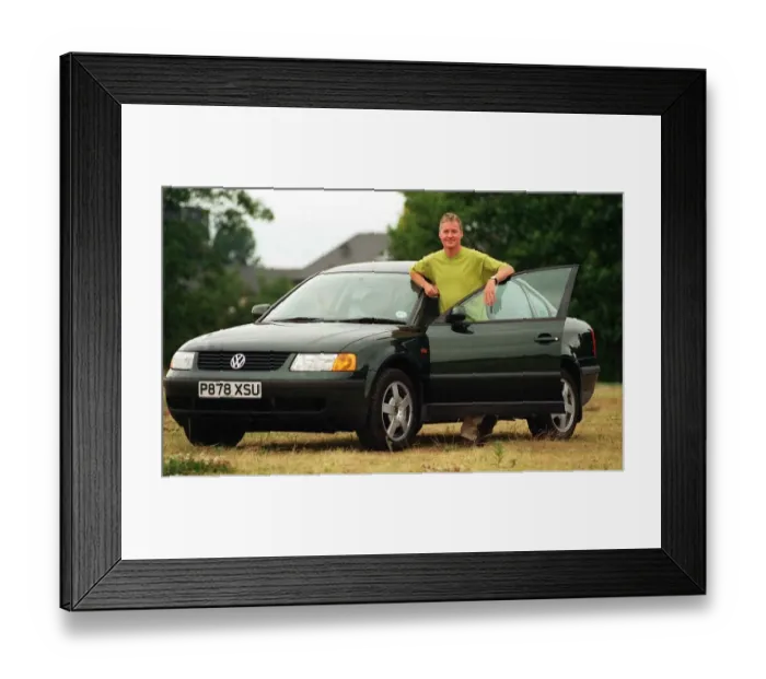 Framed Print : Jim White - TV Presenter with Volkswagen Passat Car July 1997 Framed Print : Jim White - TV Presenter with Volkswagen Passat Car July 1997