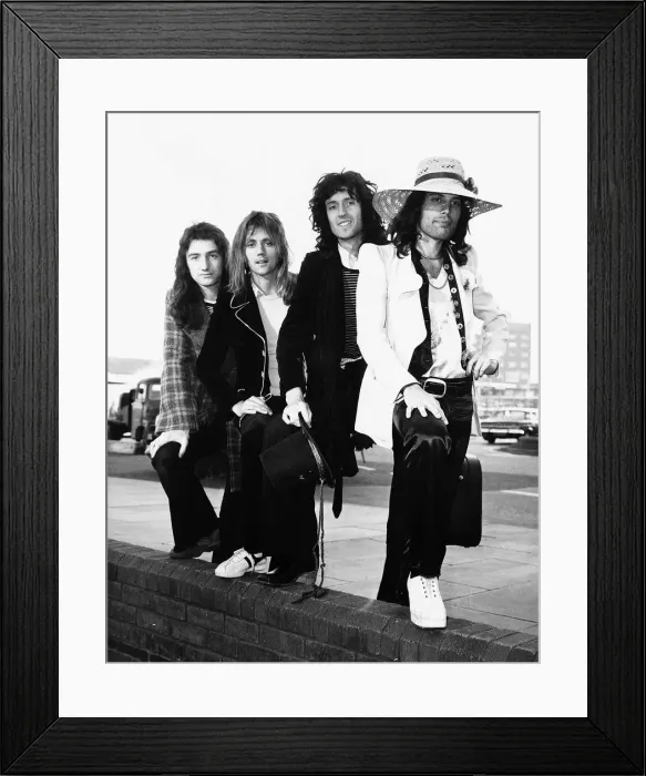 Framed Print : Queen Rock Pop Group - left to right John Deacon Roger Taylor Brian May & Freddie