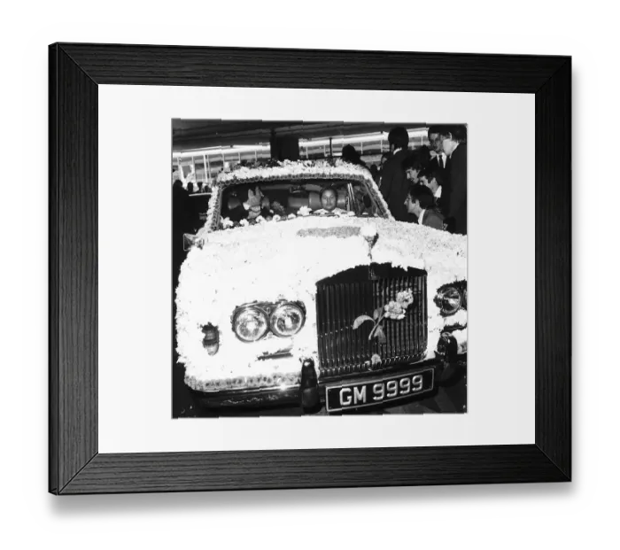 Framed Print : Guru Mahariji 15 in flower covered Rolls Royce in 1973 The Divine Light on a visit Framed Print : Guru Mahariji 15 in flower covered Rolls Royce in 1973 The Divine Light on a visit