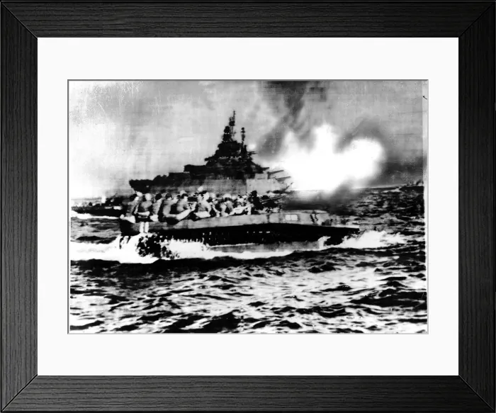 Framed Print : US battleship covers landing craft heading for Okinawa beach during WW2 Jun 1945 Framed Print : US battleship covers landing craft heading for Okinawa beach during WW2 Jun 1945