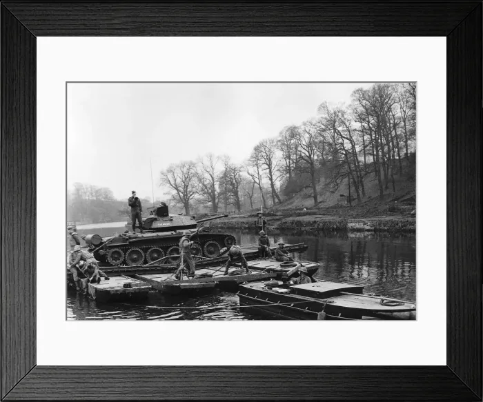 Framed Print : Crusader tank being ferried across river during demonstration of wet Framed Print : Crusader tank being ferried across river during demonstration of wet