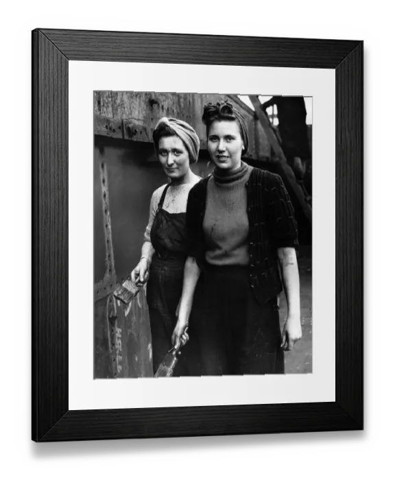 Framed Print : WW2 Wives of naval men working as painters in a shipyard 1942 Women Holding Framed Print : WW2 Wives of naval men working as painters in a shipyard 1942 Women Holding