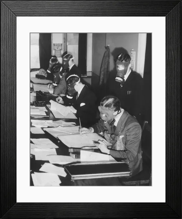 Framed Print : WW2 Fulham Council workers wearing their respirators for ten minutes each day Framed Print : WW2 Fulham Council workers wearing their respirators for ten minutes each day