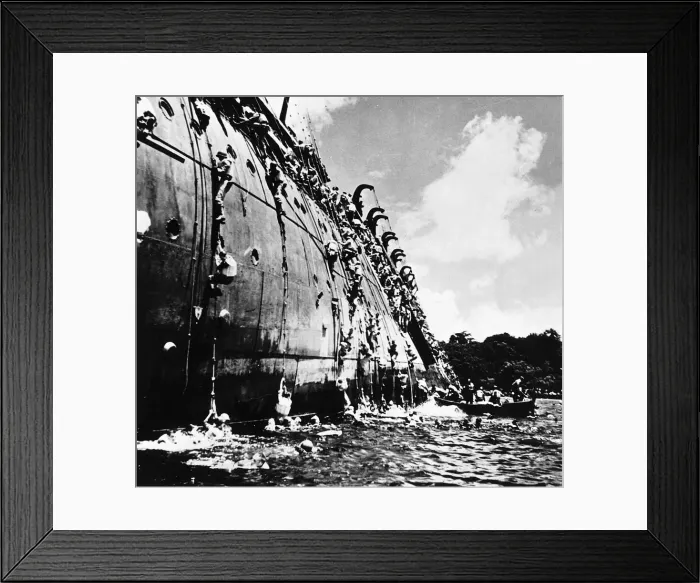 Framed Print : Soldiers and crew abandon SS Coolidge after it hit a mine Framed Print : Soldiers and crew abandon SS Coolidge after it hit a mine