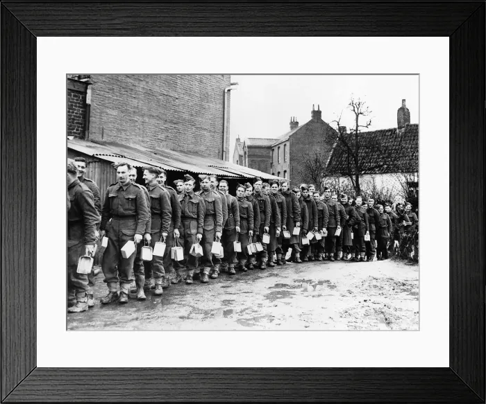 Framed Print : Sherwood Foresters serving in the forward areas of the BEF in France line up for dinner Framed Print : Sherwood Foresters serving in the forward areas of the BEF in France line up for dinner