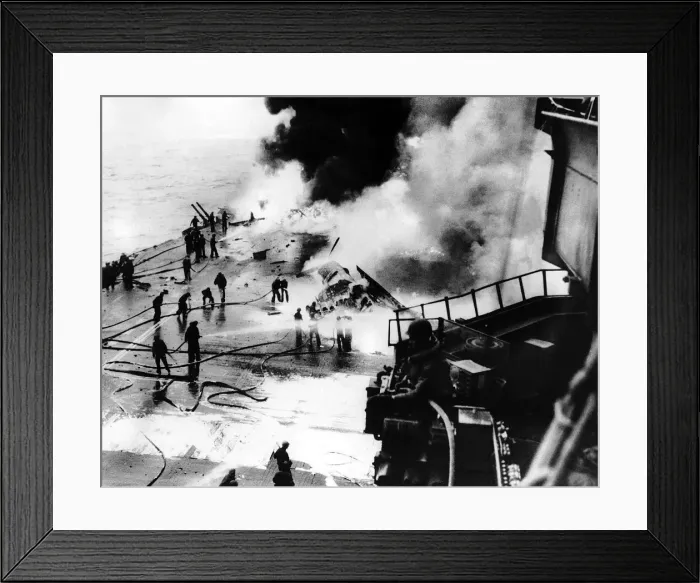 Framed Print : Fire crews battle to put out fire on the aircraft carrier US Saratoga after being hit Framed Print : Fire crews battle to put out fire on the aircraft carrier US Saratoga after being hit