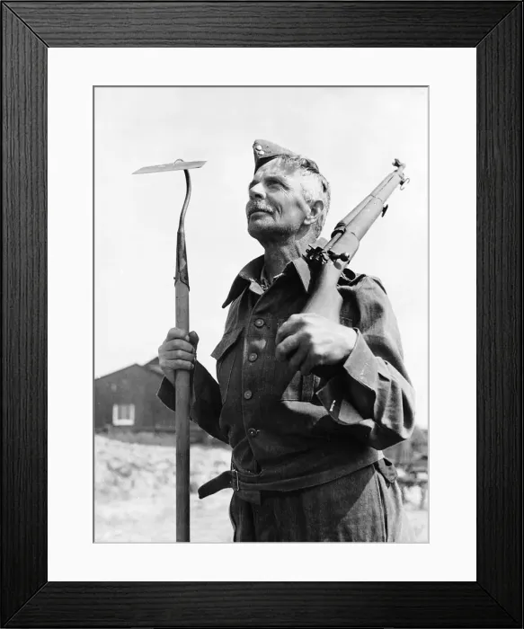 Framed Print : WW2 Home Guard carrying hoe and rifle May 40 first to enlist