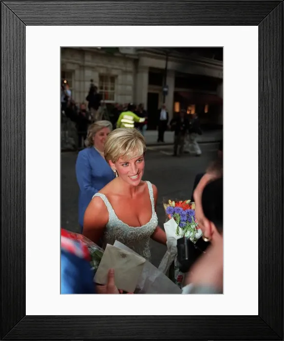Framed Print : Diana, Princess of Wales arrives for a private viewing and reception at Christies in Framed Print : Diana, Princess of Wales arrives for a private viewing and reception at Christies in