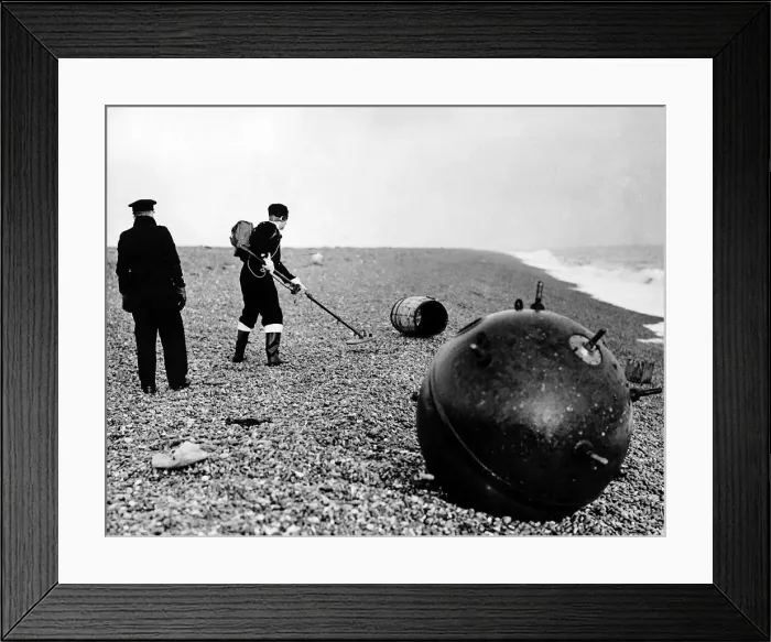 Framed Print : WW2 German mine washed up on the Suffolk coast 1946 Framed Print : WW2 German mine washed up on the Suffolk coast 1946