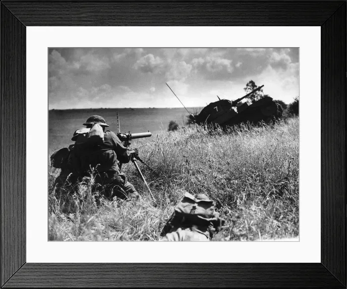 Framed Print : Home Guard using anti-tank gun on advancing tank at their weekend training camp 1941 WW2