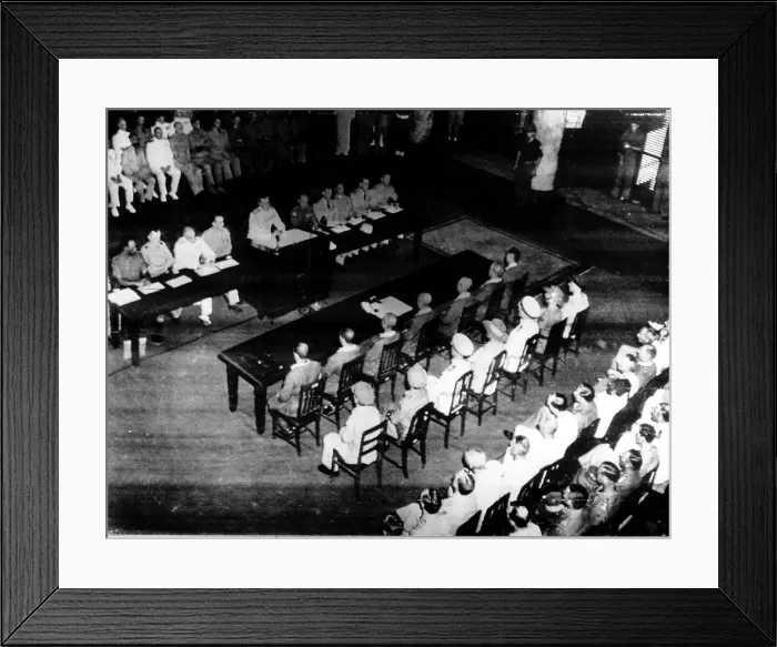 Framed Print : Japanese about to sign surrender documents Sept 1945 in the Conference Room