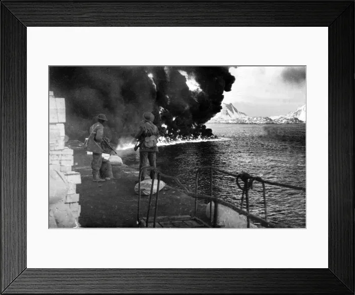 Framed Print : British troops watch Oil burning on the surface of the sea at Stamsund Framed Print : British troops watch Oil burning on the surface of the sea at Stamsund