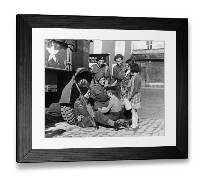 Framed Print : WW2 troops with French children Bayeaux Jul 44 in France children asking for Framed Print : WW2 troops with French children Bayeaux Jul 44 in France children asking for