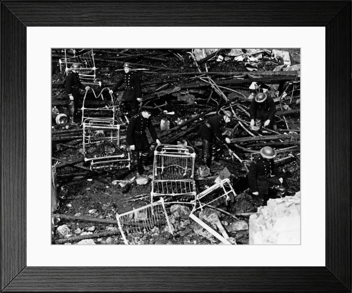 Framed Print : Firemen search the remains of a London hospital 1944 after an air raid by German Framed Print : Firemen search the remains of a London hospital 1944 after an air raid by German