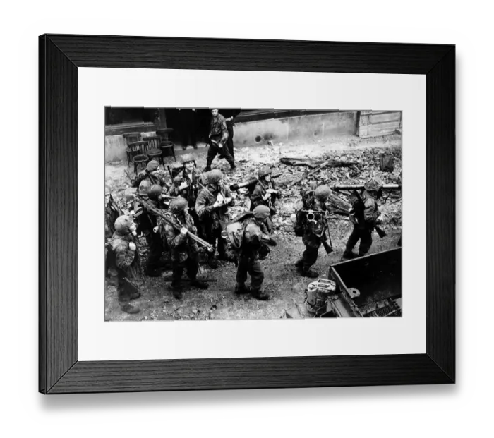 Framed Print : WW2 British and American troops advance through L Eveque France 1944