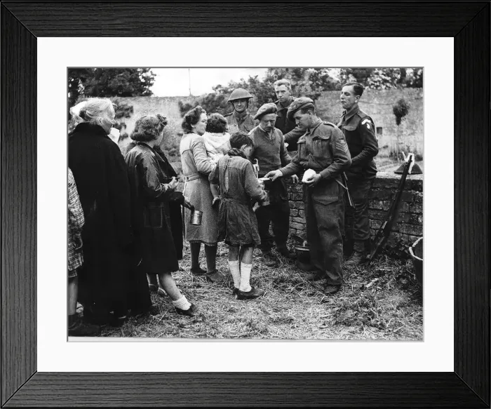 Framed Print : WW2 - June 1944 French refugees receiving food from British troops