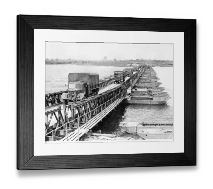 Framed Print : WW2 - March 1945 Allied army trucks crossing the Bailey pontoon bridge over the Rhine